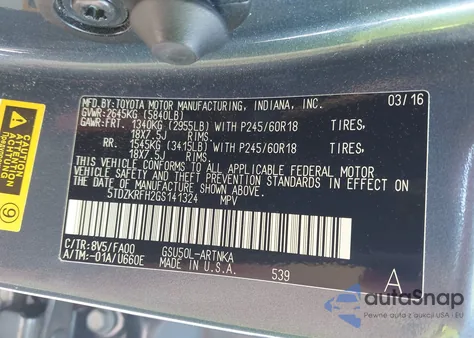 2016 Toyota Highlander Le/Le Plus из США, поврежденный, VIN 5TDZKRFH2GS141324